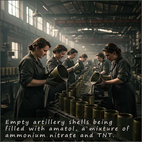 Women working in a munitions factory in WW2 filling artillery shells with high explosive.